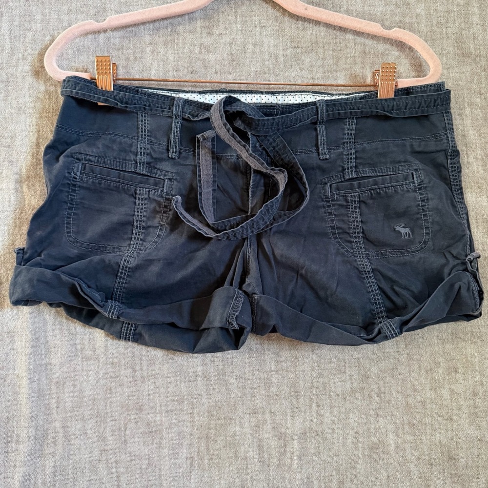Abercrombie & Fitch Utility Cargo Shorts 2 Navy Blue Tie Waist Rolled Cuff Logo